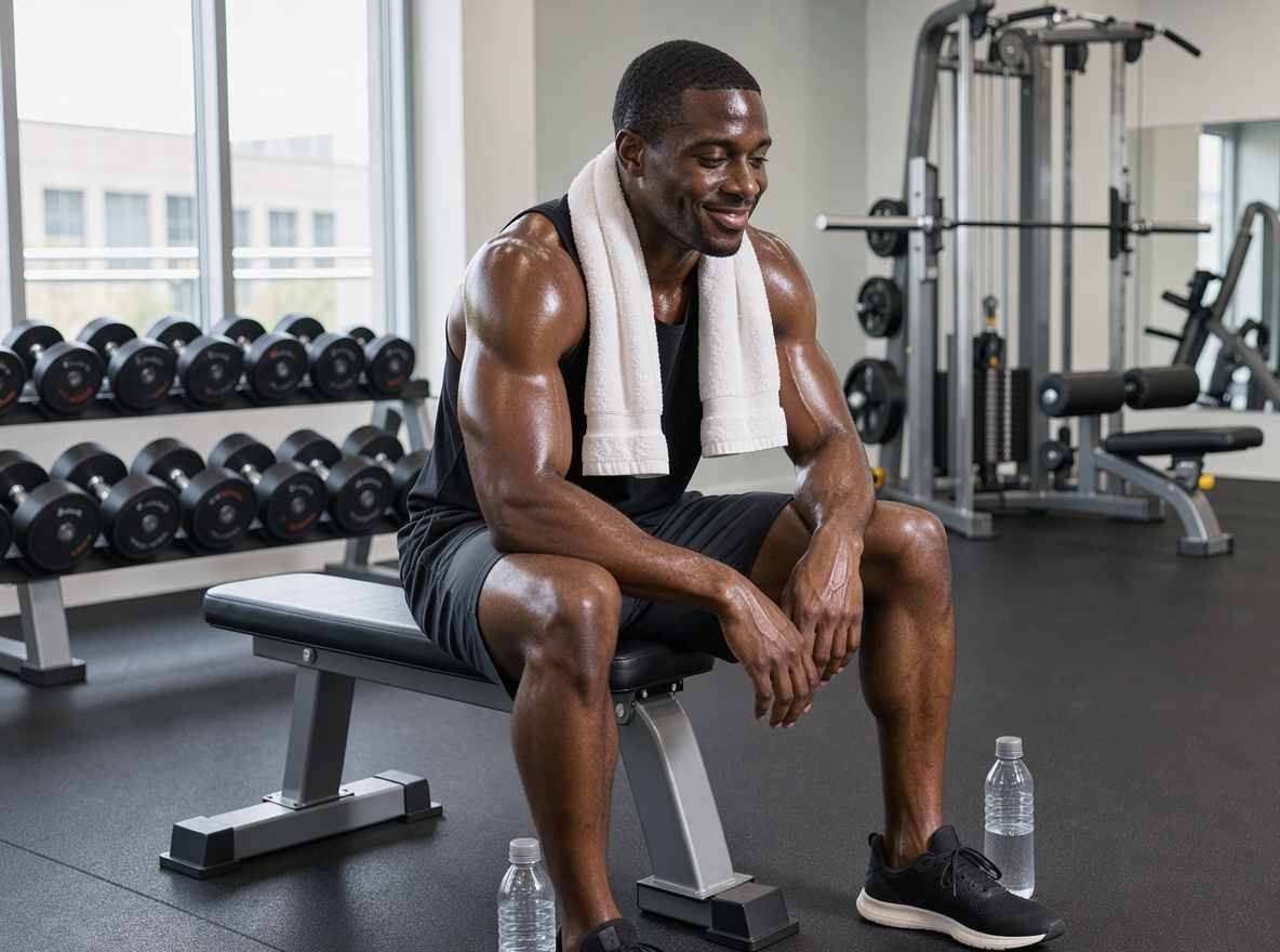 Athlete resting after a workout with a towel