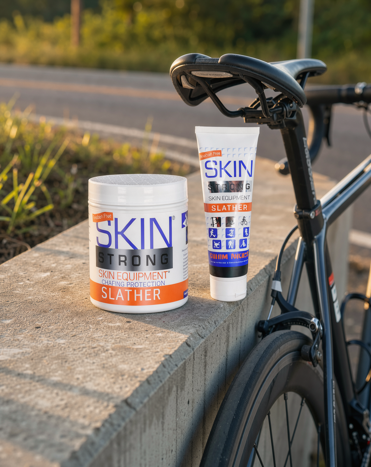 Skin Strong SLATHER tub and tube next to a road bike