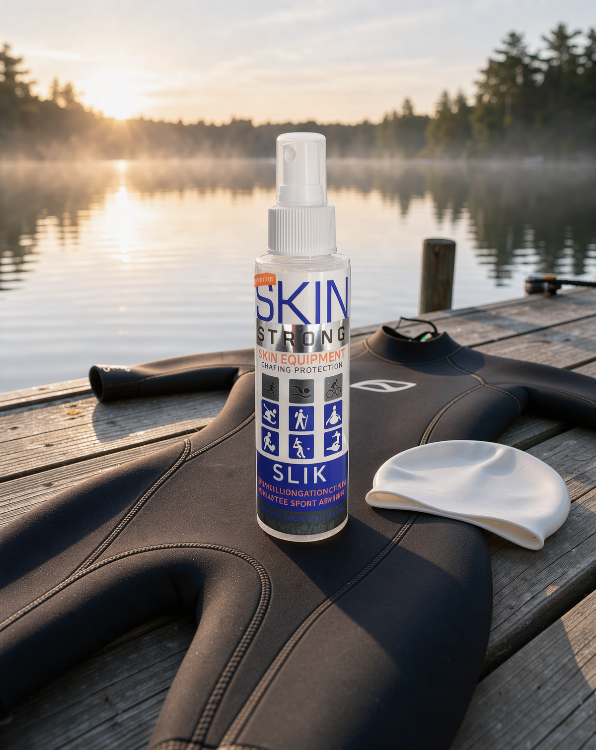 Skin Strong SLIK spray on a triathlon wetsuit by a lake
